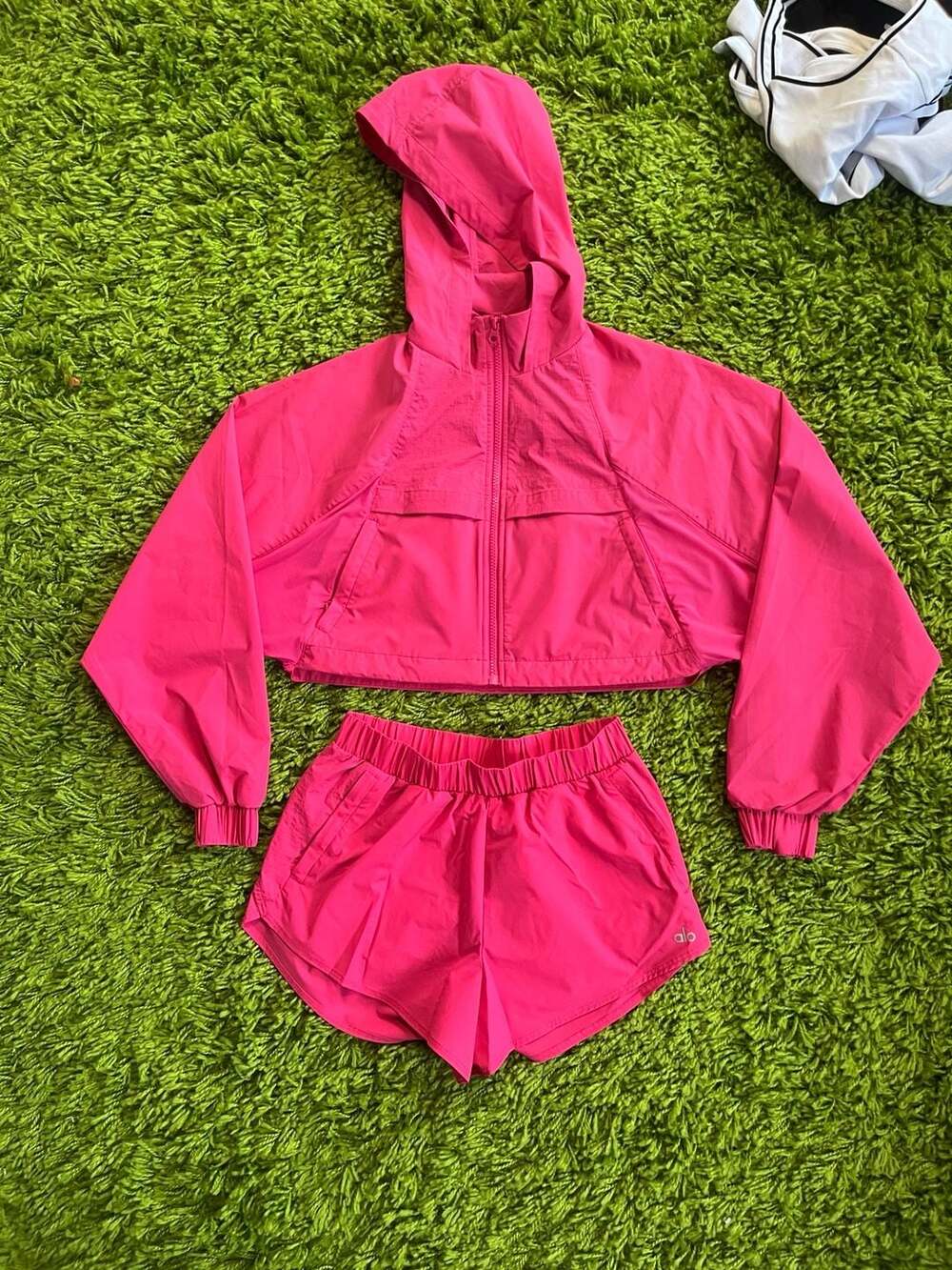 Alo Yoga Pink Cropped Playmaker Jacket and Athletic Shorts Set